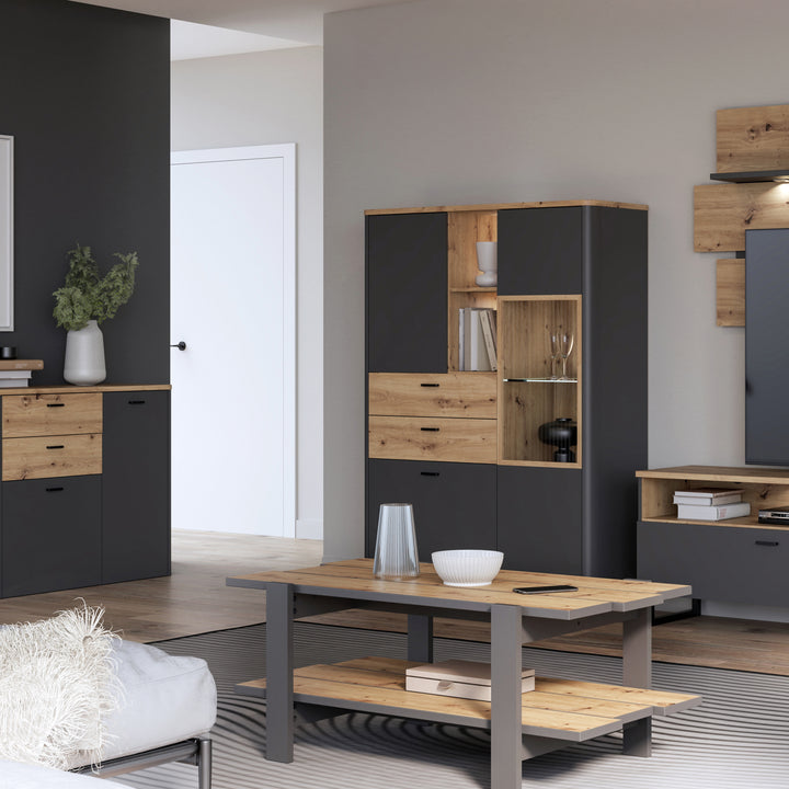 Klara Display Cabinet with 2 Door 2 Drawers and 1 Glass Door in Grey and Oak inc LED Lighting - TidySpaces