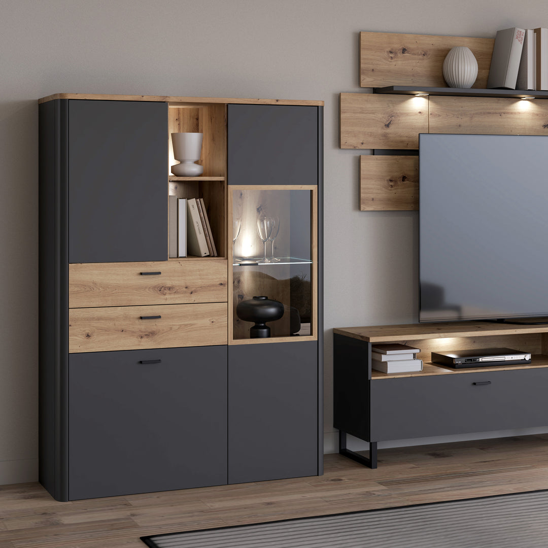 Klara Display Cabinet with 2 Door 2 Drawers and 1 Glass Door in Grey and Oak inc LED Lighting - TidySpaces
