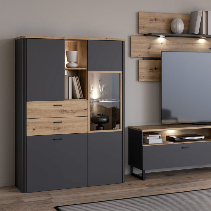 Klara Display Cabinet with 2 Door 2 Drawers and 1 Glass Door in Grey and Oak inc LED Lighting - TidySpaces