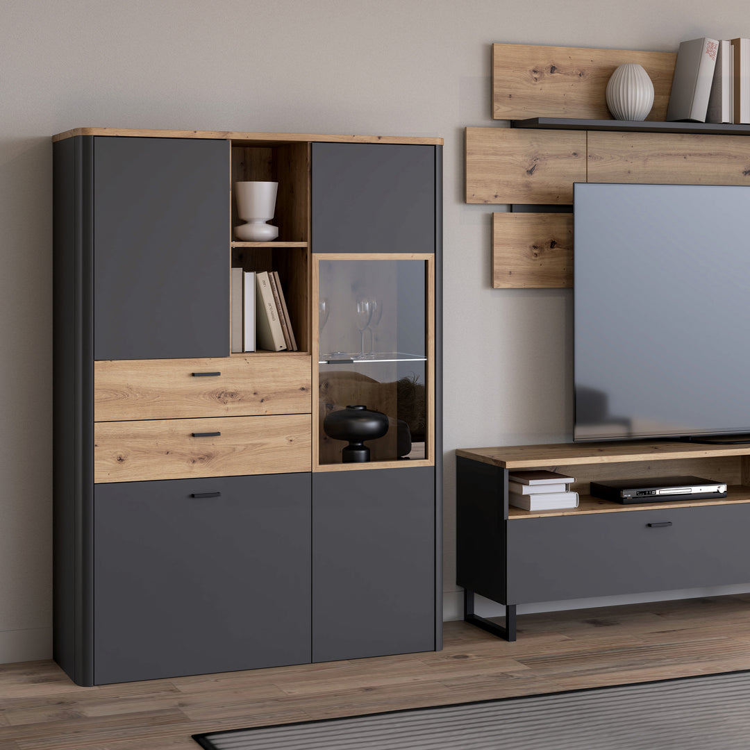 Klara Display Cabinet with 2 Door 2 Drawers and 1 Glass Door in Grey and Oak inc LED Lighting - TidySpaces