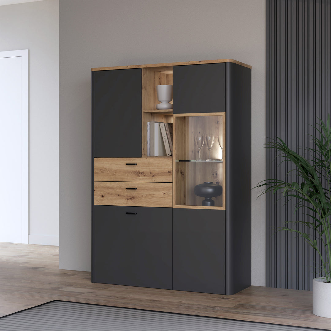 Klara Display Cabinet with 2 Door 2 Drawers and 1 Glass Door in Grey and Oak inc LED Lighting - TidySpaces