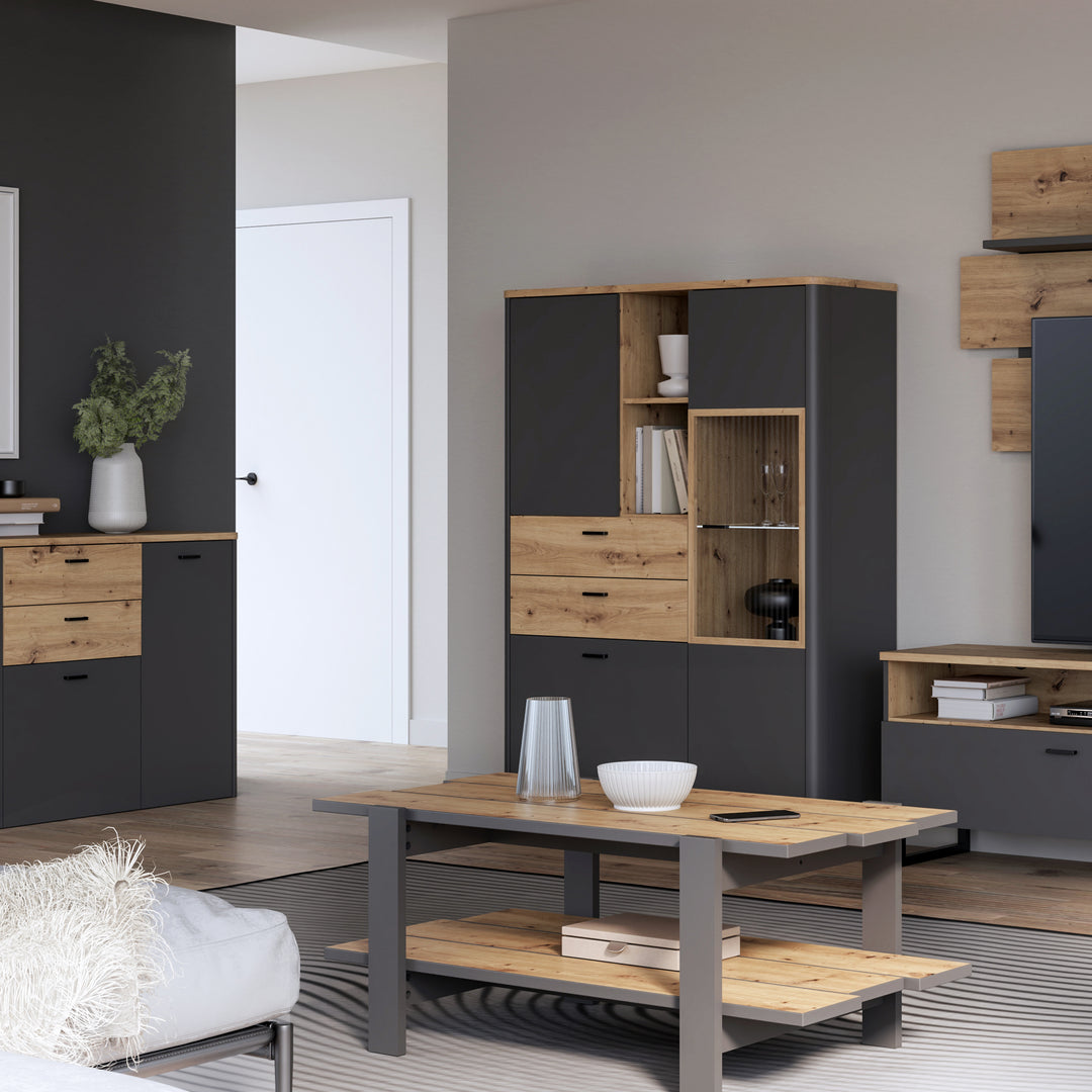 Klara Display Cabinet with 2 Door 2 Drawers and 1 Glass Door in Grey and Oak - TidySpaces