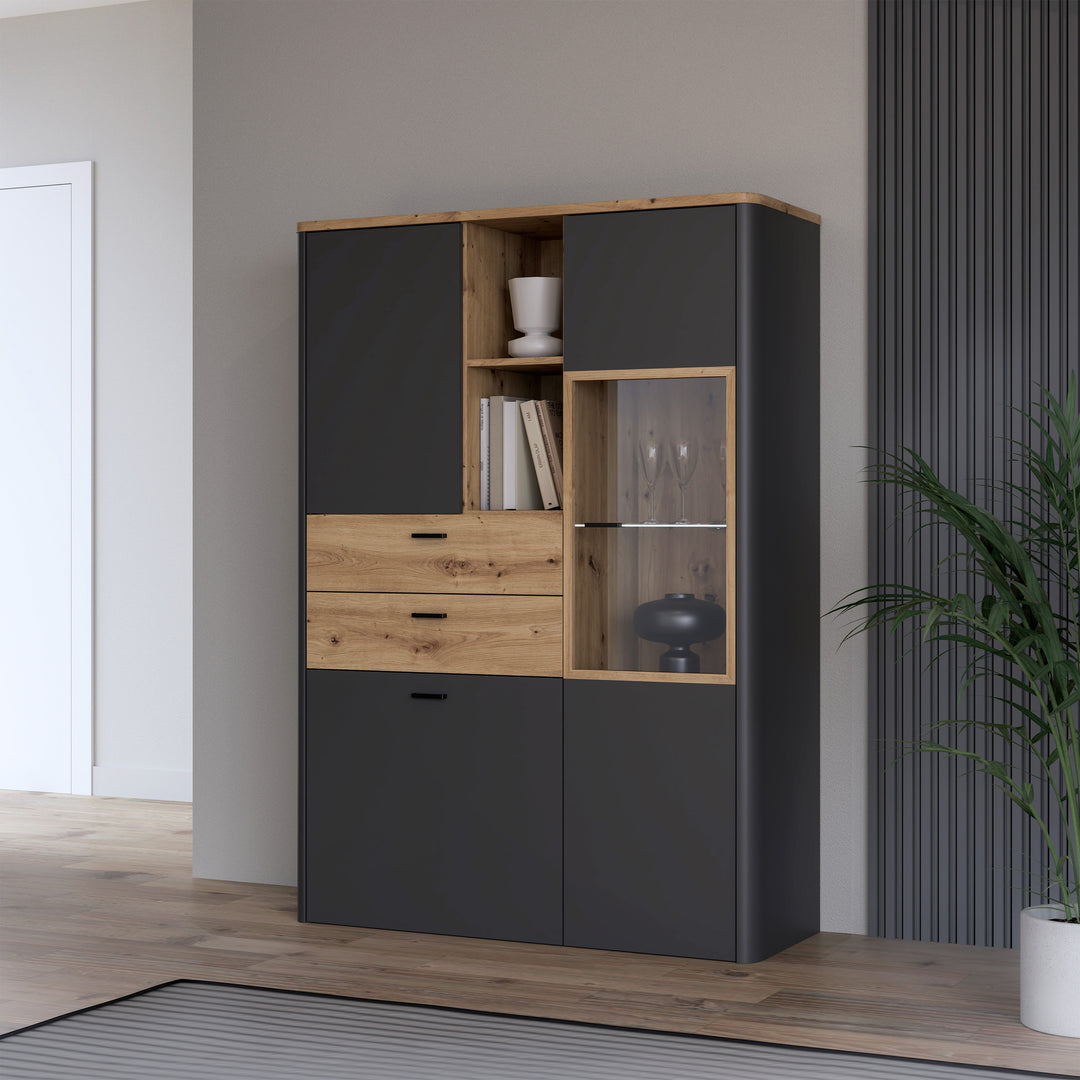 Klara Display Cabinet with 2 Door 2 Drawers and 1 Glass Door in Grey and Oak - TidySpaces
