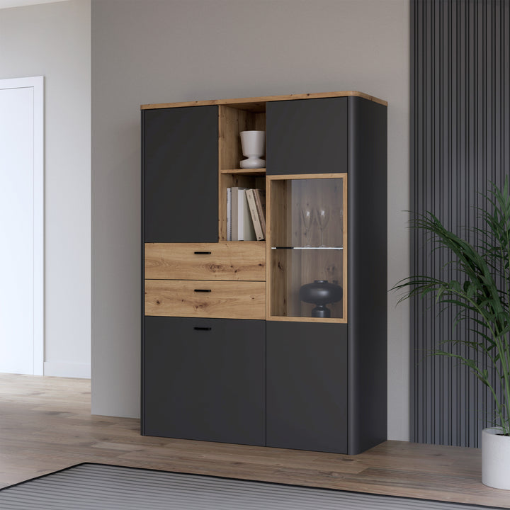 Klara Display Cabinet with 2 Door 2 Drawers and 1 Glass Door in Grey and Oak - TidySpaces