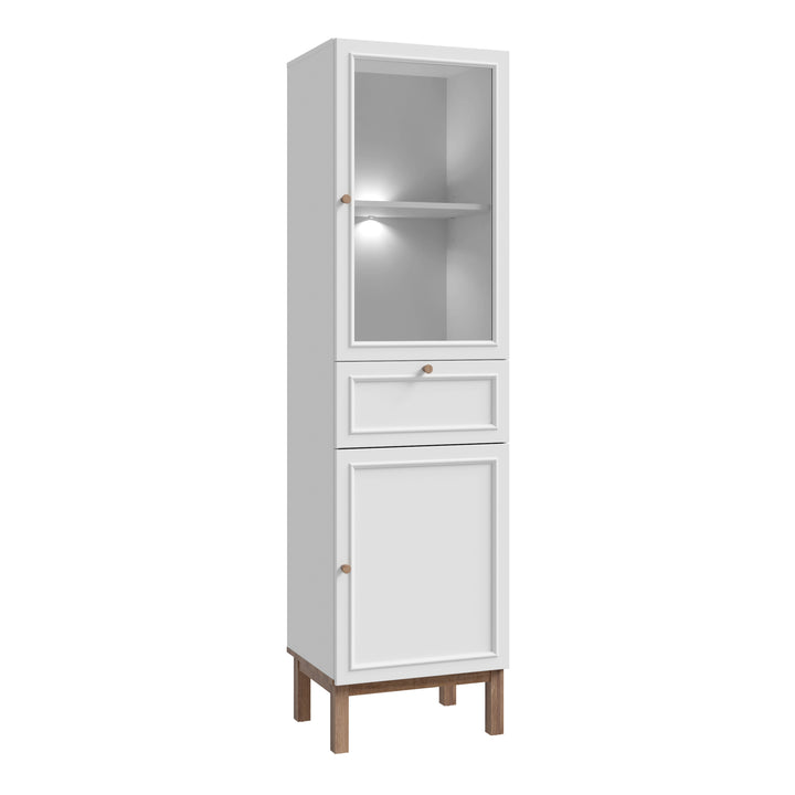 Wensley Display Cabinet with 1 Door 1 Drawer and  1 Glass Door in Light Grey and Oak inc LED Lighting - TidySpaces