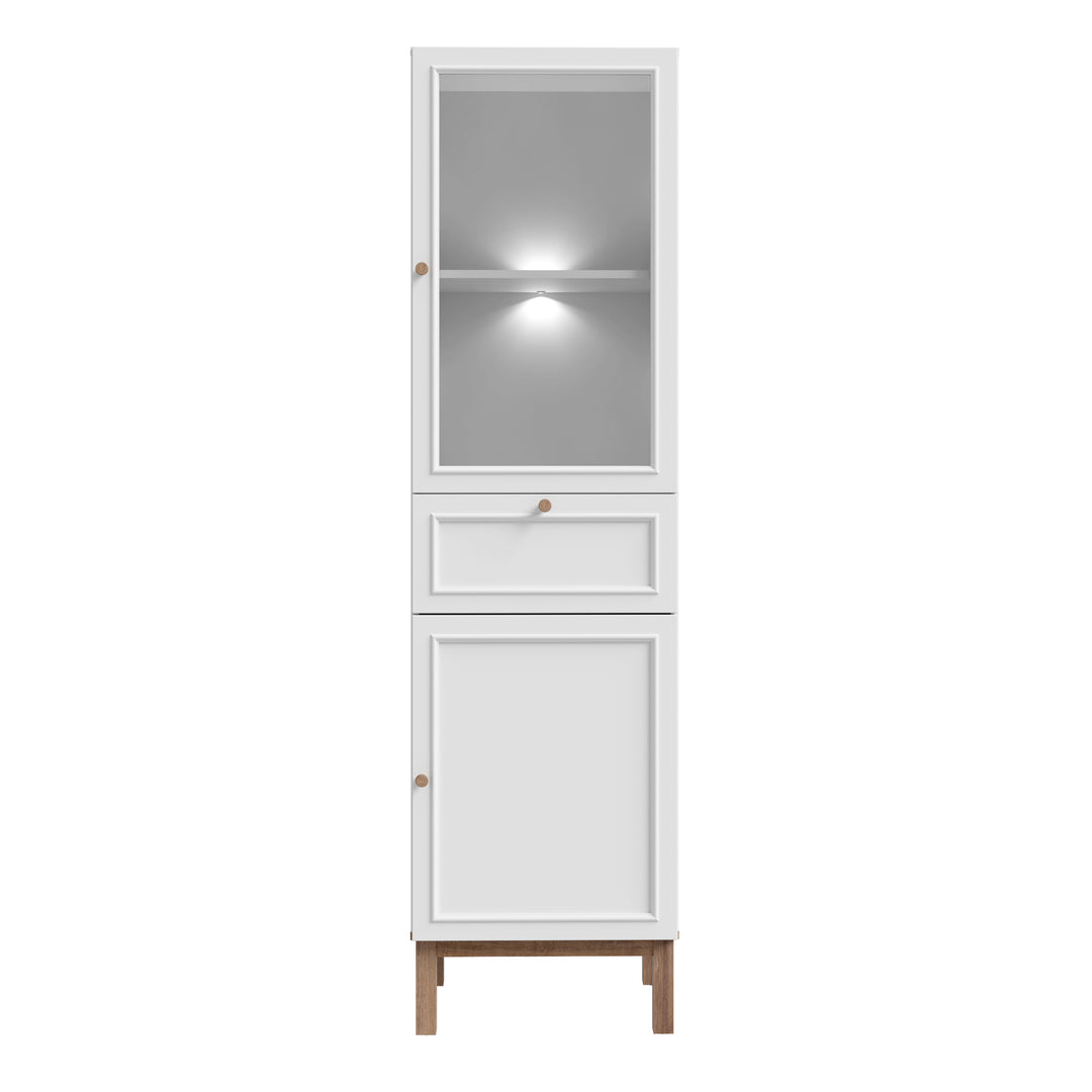 Wensley Display Cabinet with 1 Door 1 Drawer and  1 Glass Door in Light Grey and Oak inc LED Lighting - TidySpaces