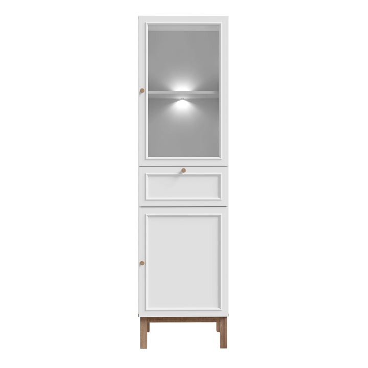 Wensley Display Cabinet with 1 Door 1 Drawer and  1 Glass Door in Light Grey and Oak inc LED Lighting - TidySpaces