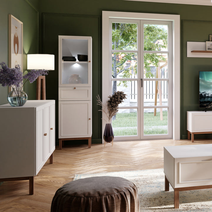 Wensley Display Cabinet with 1 Door 1 Drawer and  1 Glass Door in Light Grey and Oak inc LED Lighting - TidySpaces
