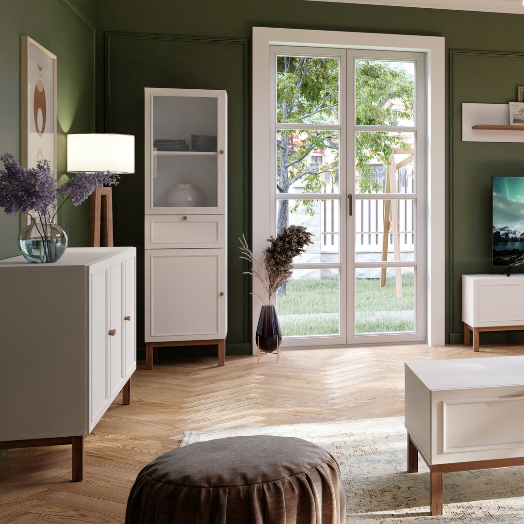 Wensley Display Cabinet with 1 Door 1 Drawer and  1 Glass Door in Light Grey and Oak inc LED Lighting - TidySpaces