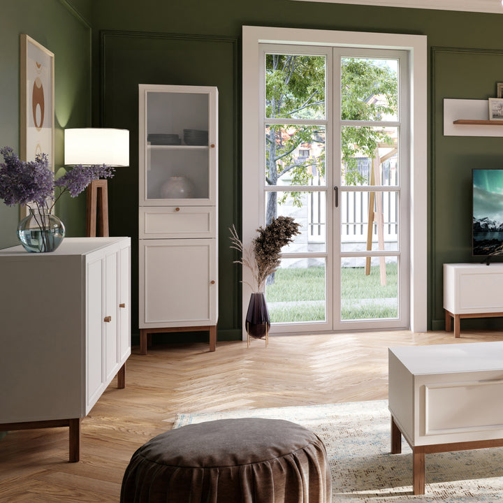 Wensley Display Cabinet with 1 Door 1 Drawer and  1 Glass Door in Light Grey and Oak inc LED Lighting - TidySpaces