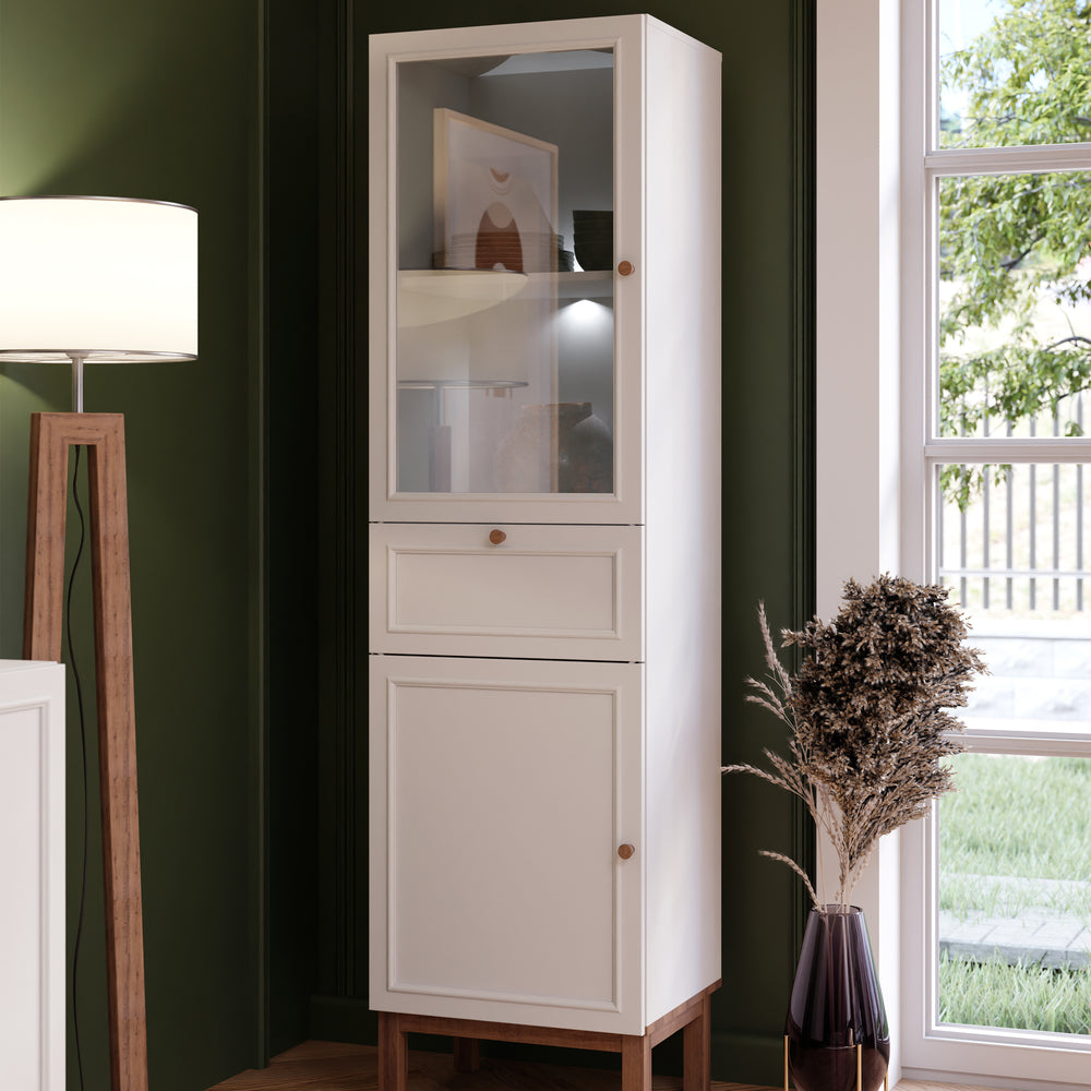Wensley Display Cabinet with 1 Door 1 Drawer and  1 Glass Door in Light Grey and Oak inc LED Lighting - TidySpaces