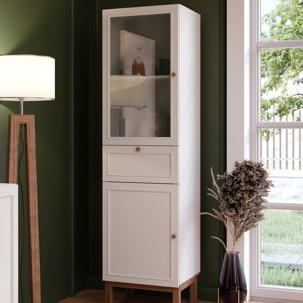 Wensley Display Cabinet with 1 Door 1 Drawer and  1 Glass Door in Light Grey and Oak - TidySpaces