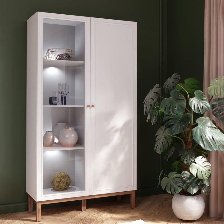 Wensley Display Cabinet with 1 Door and  1 Glass Door in Light Grey and Oak inc LED Lighting - TidySpaces