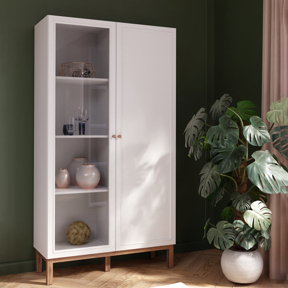Wensley Display Cabinet with 1 Door and  1 Glass Door in Light Grey and Oak - TidySpaces