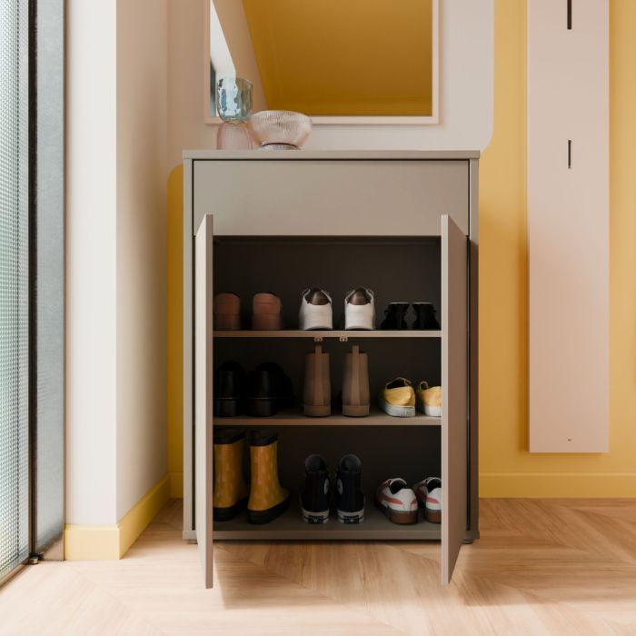 Alice Springs Compact Shoe Cabinet with 2 Doors Push-to-Open &amp; 1 Drawer Push-to-Open in Taupe