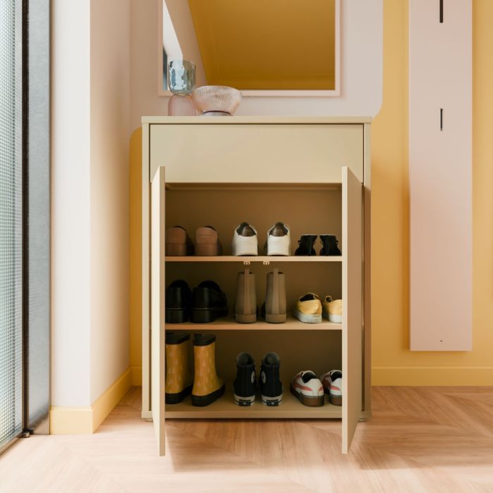 Alice Springs Compact Shoe Cabinet with 2 Doors Push-to-Open &amp; 1 Drawer Push-to-Open in Butter Yellow