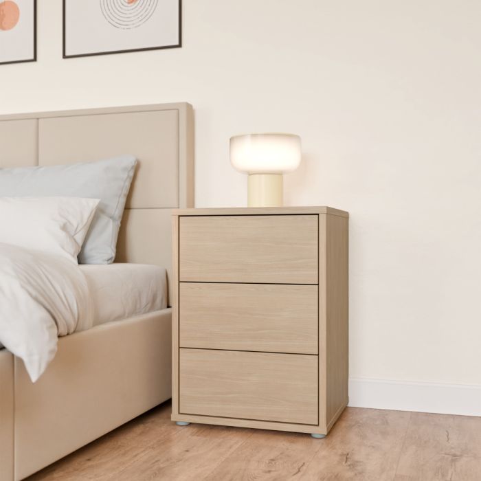 Alice Springs Bedside Cabinet with 3 Drawers Push-to-Open in Elegancia Oak