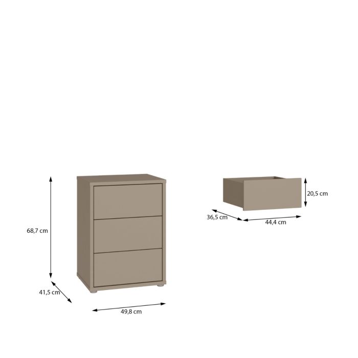 Alice Springs Bedside Cabinet with 3 Drawers Push-to-Open in Taupe