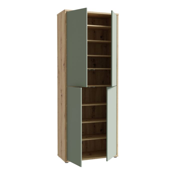 Alice Springs Shoe Cabinet with 4 Doors Push-to-Open in Artisan Oak and Sage Green Doors