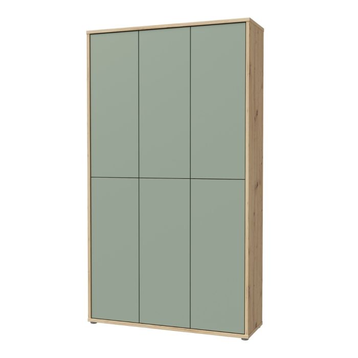 Alice Springs Shoe Cabinet with 6 Doors Push-to-Open in Artisan Oak and Sage Green Doors
