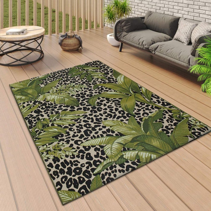 Indoor Outdoor Rug Cream Green Tropical Animal Print