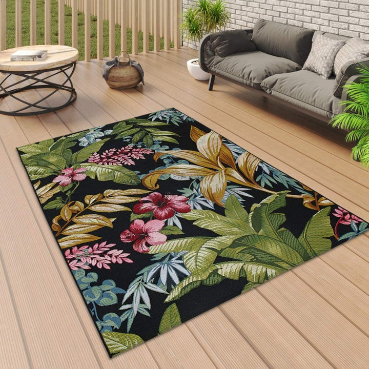 Indoor Outdoor Rug Tropical Black with Multi Colour Floral Pattern