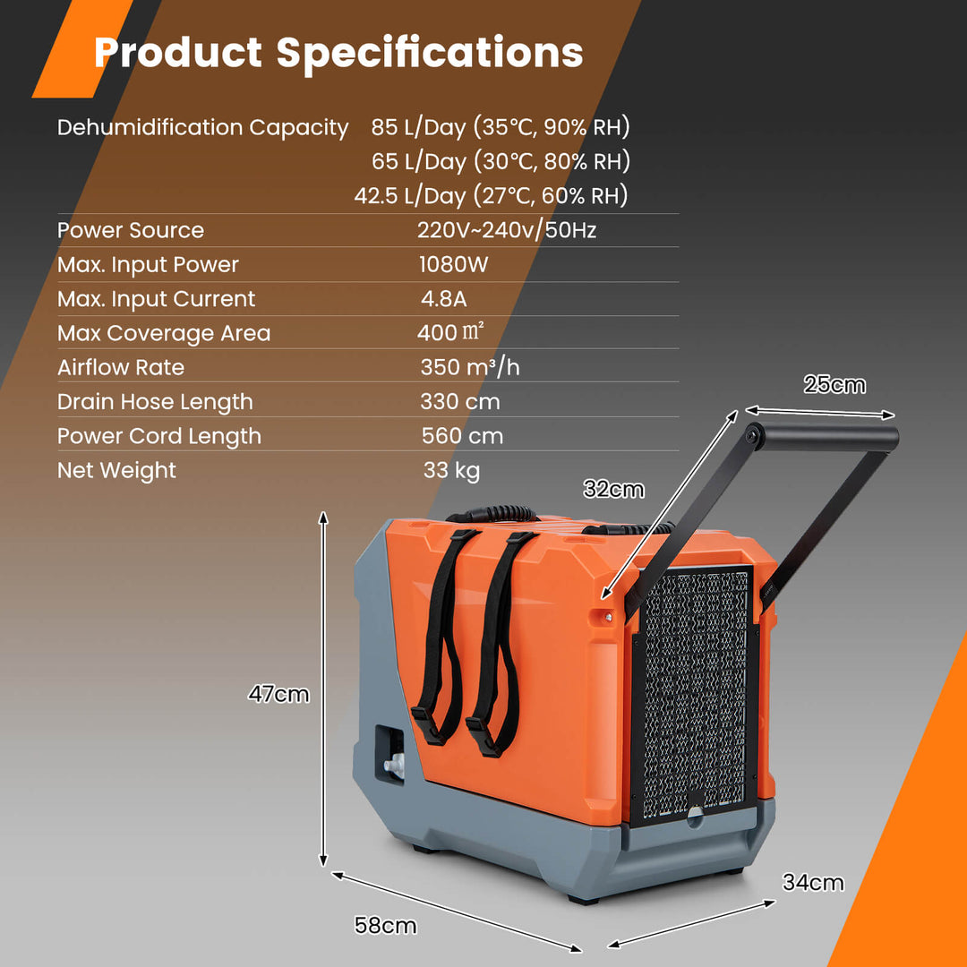 85 L/Day Commercial Dehumidifier with Auto Defrost-Orange