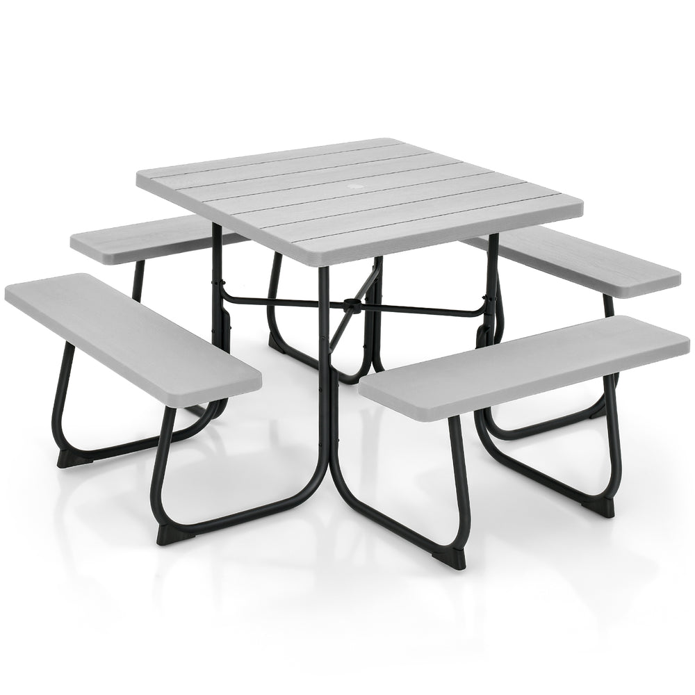 8 person Square Picnic Table Bench Set with 4 Benches and Umbrella Hole Grey - TidySpaces