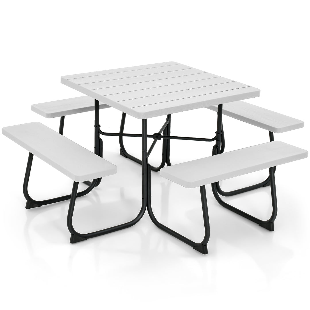 8 person Square Picnic Table Bench Set with 4 Benches and Umbrella Hole White - TidySpaces