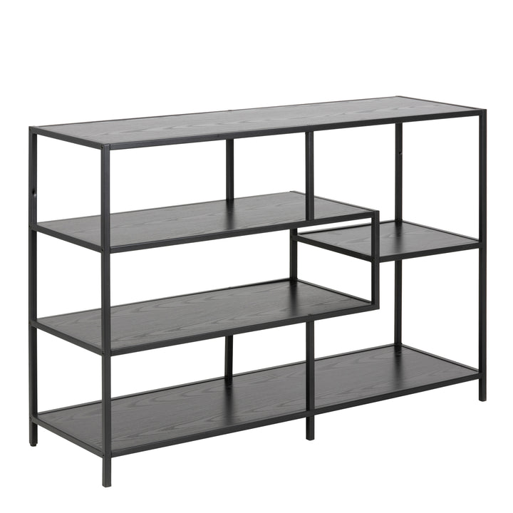 Seaford Wide Black Metal Bookcase with 4 Black Oak Shelves