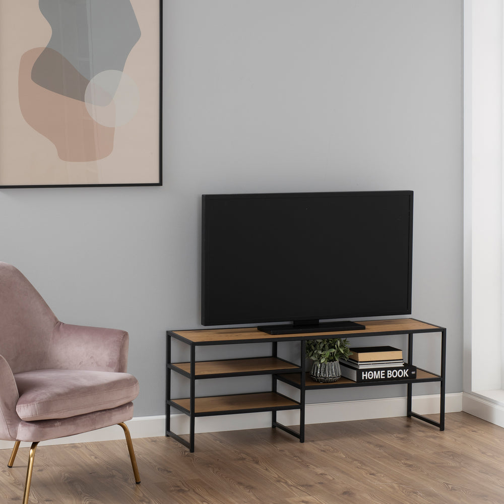 Seaford Black Metal Open TV Unit with 3 Oak Shelves - TidySpaces