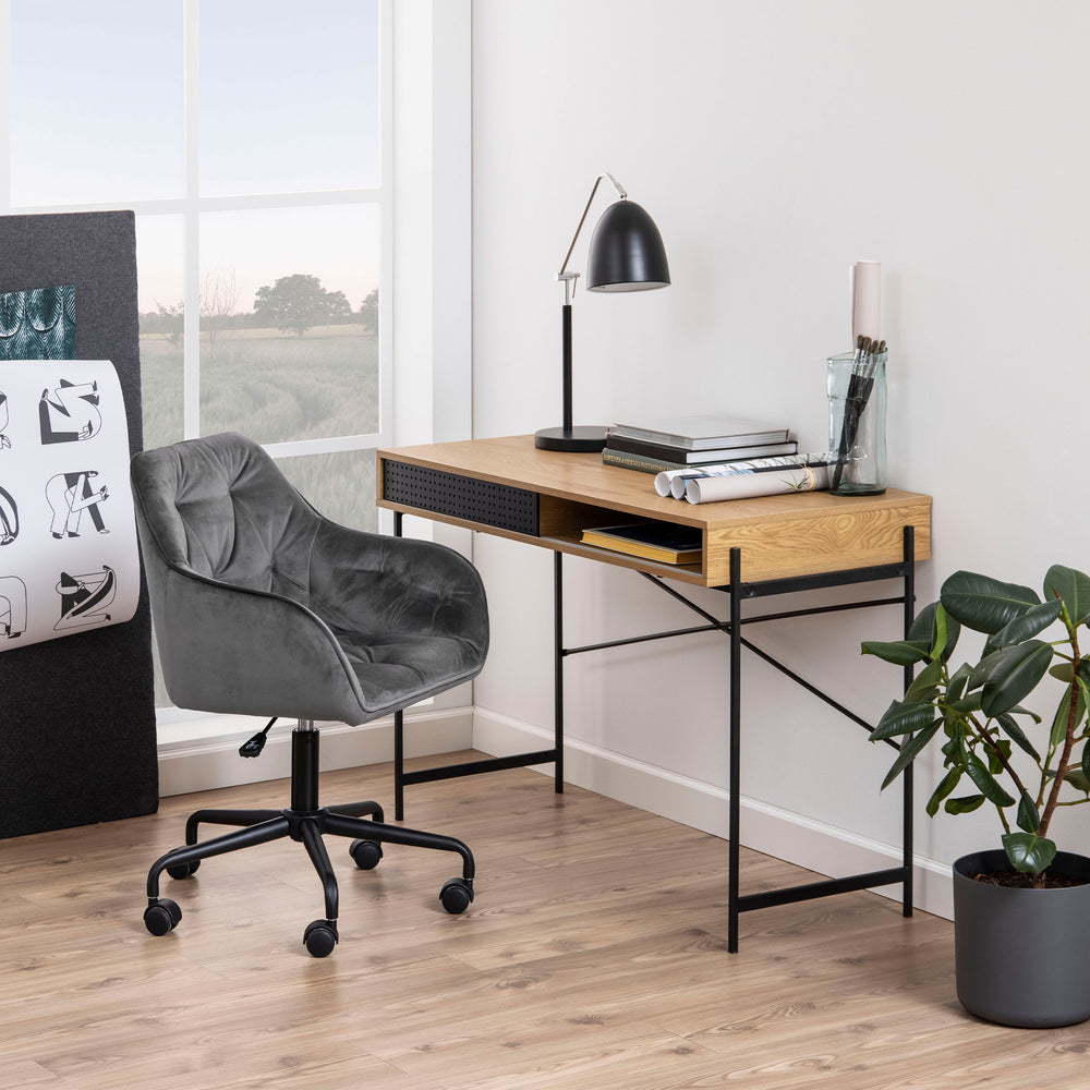 Angus Office Desk with Sliding Door in Oak & Black - TidySpaces