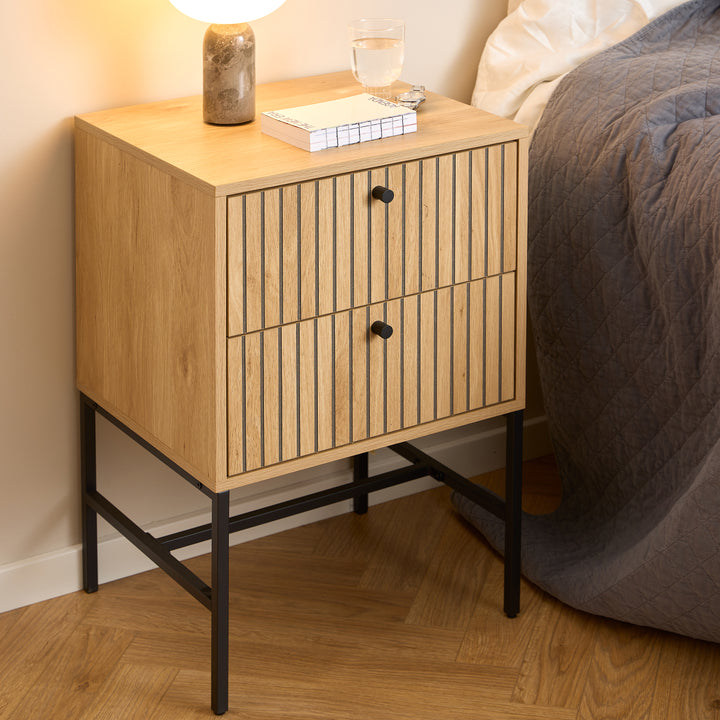 Albany 2 Drawer Bedside Table in Oak/Black Legs - TidySpaces