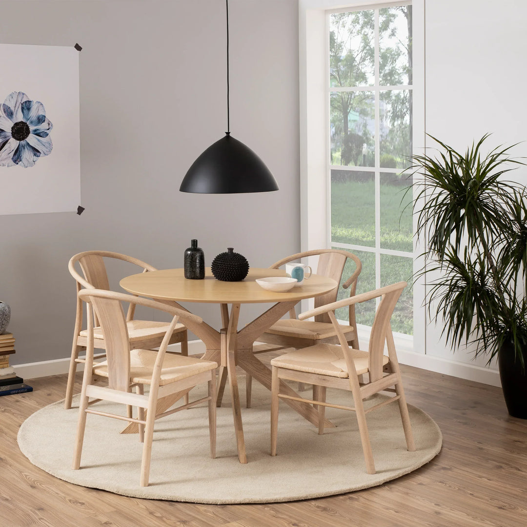 I_Duncan Round Dining Table in White Oak Included 4 Cassandra Dining Chair with Armrest in White Oak - TidySpaces