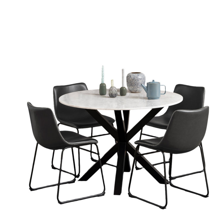 Heaven Round Dining Table with White Polished Marble Top Included 4 I_Oregon Dining Chair In Black with Cream Stitching,