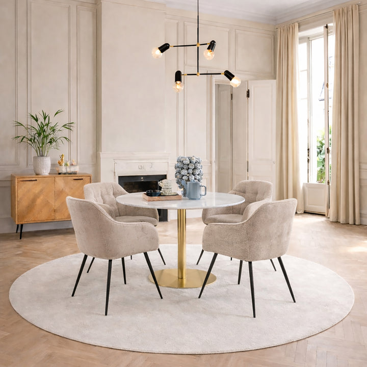Corby Round Dining Table with White Polished Marble Top &amp; Gold Base inc 4 Brooke Dining Chairs with Armrests in Monza Beige