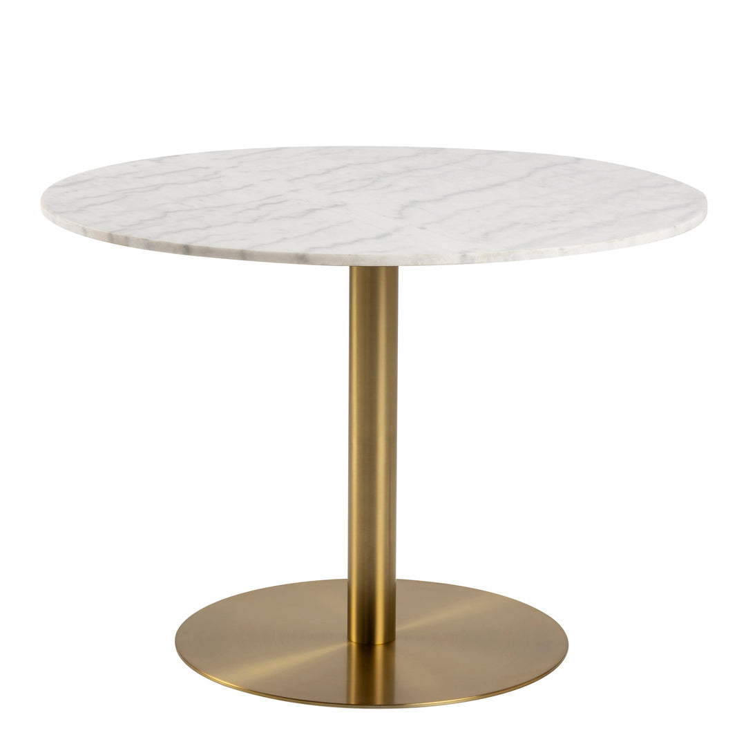Corby Round Dining Table with White Polished Marble Top &amp; Gold Base inc 4 Brooke Dining Chairs with Armrests in Monza Beige
