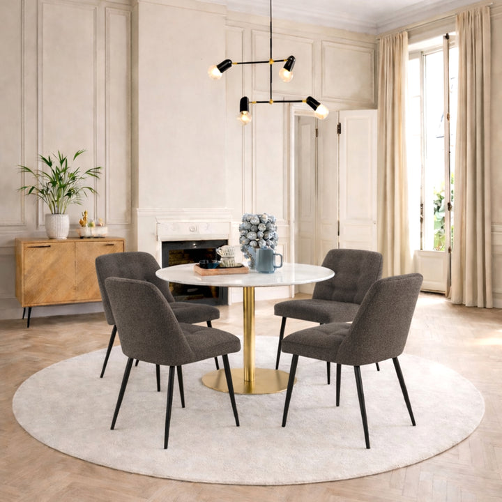 Corby Round Dining Table with White Polished Marble Top &amp; Gold Base inc 4 Brooke Dining Chairs in Taupe