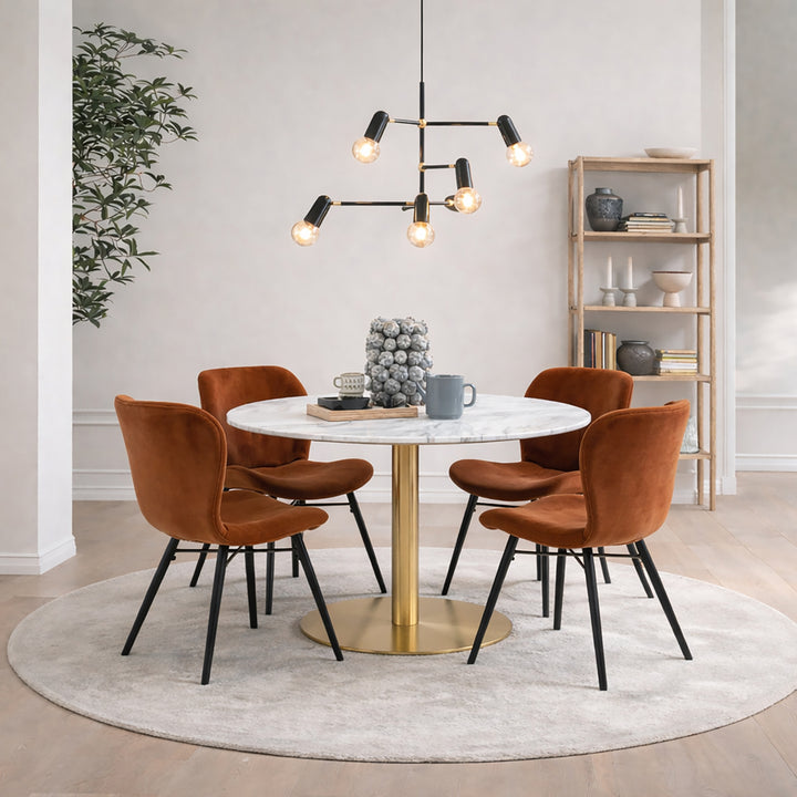 Corby Round Dining Table with White Polished Marble Top &amp; Gold Base inc 4 Batilda Dining Chairs in Copper
