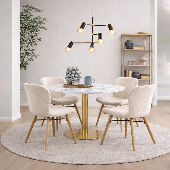 Corby Round Dining Table with White Polished Marble Top &amp; Gold Base inc 4 Batilda Dining Chairs in Cream/Oak Legs