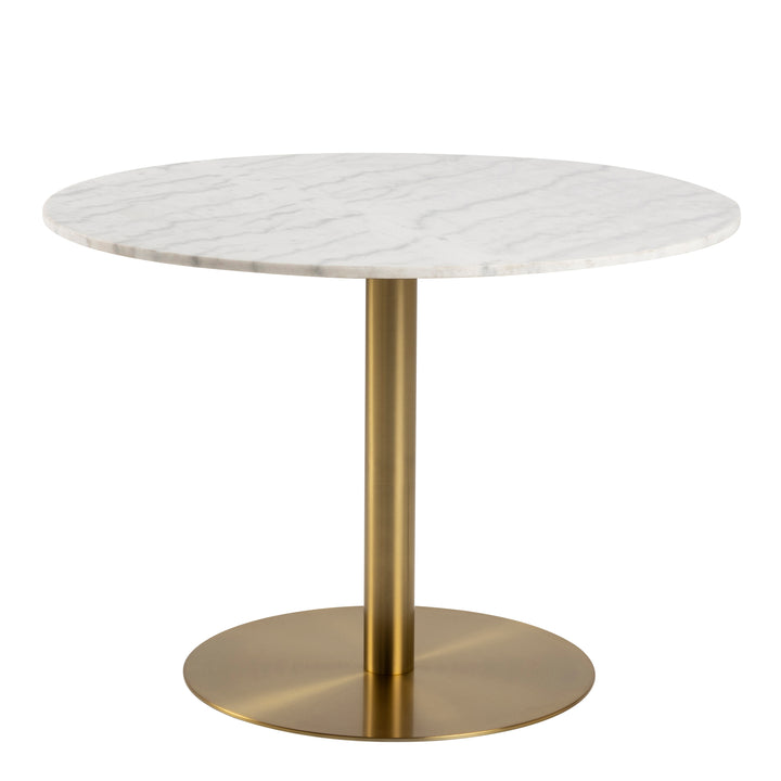 Corby Round Dining Table with White Polished Marble Top &amp; Gold Base inc 4 Batilda Dining Chairs in Cream/Oak Legs
