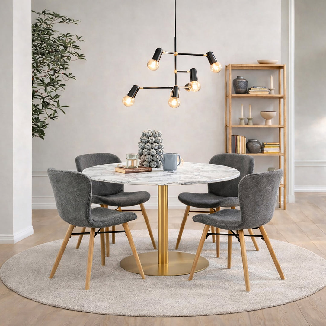 Corby Round Dining Table with White Polished Marble Top &amp; Gold Base inc 4 Batilda Dining Chairs in Grey/Oak Legs