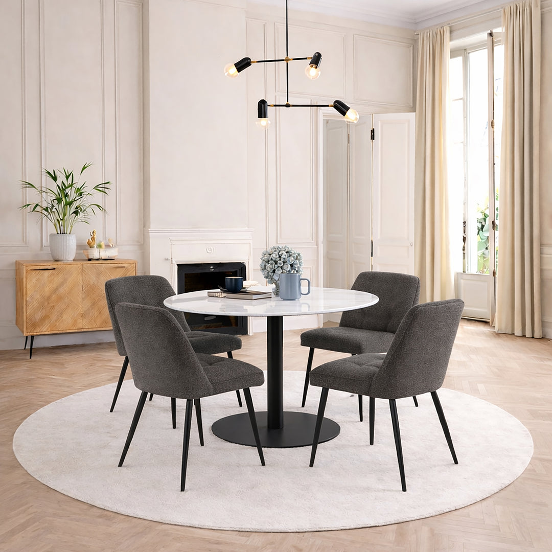 Corby Round Dining Table with White Polished Marble Top &amp; Black Base includes 4 Brooke Dining Chairs in Taupe