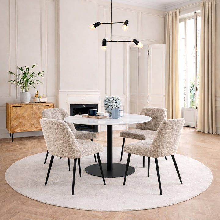 Corby Round Dining Table with White Polished Marble Top &amp; Black Base includes 4 Brooke Dining Chairs in Beige