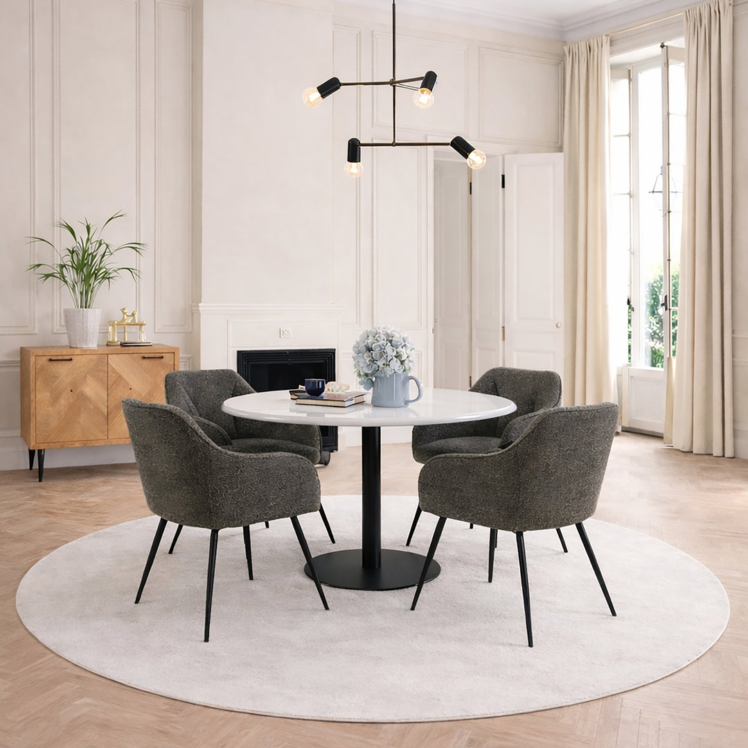 Corby Round Dining Table with White Polished Marble Top &amp; Black Base includes 4 Brooke Dining Chairs with Arm Rest in Taupe