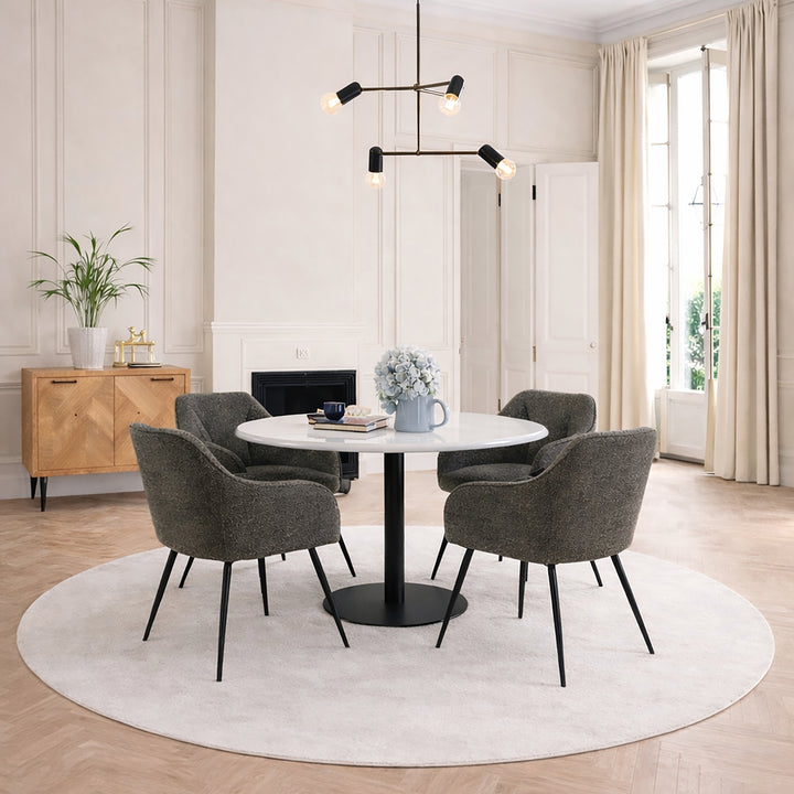 Corby Round Dining Table with White Polished Marble Top &amp; Black Base includes 4 Brooke Dining Chairs with Arm Rest in Taupe