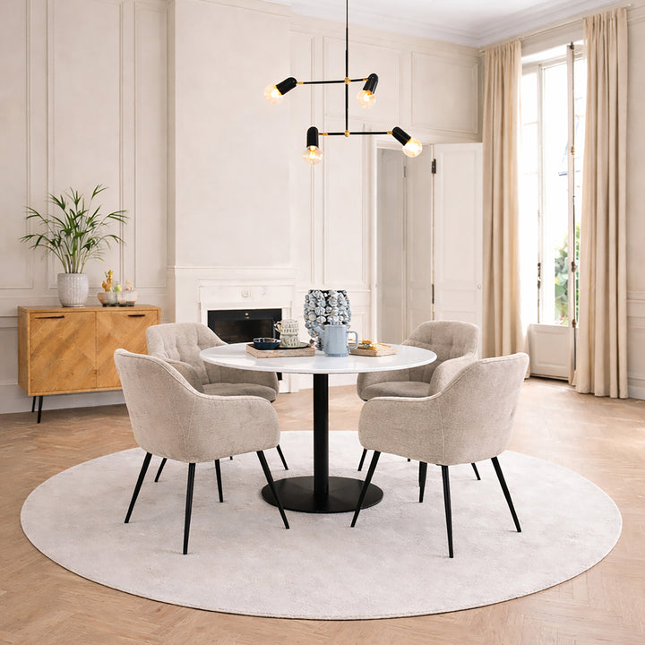 Corby Round Dining Table with White Polished Marble Top &amp; Black Base includes 4 Brooke Dining Chairs with Arm Rest in Monza Beige