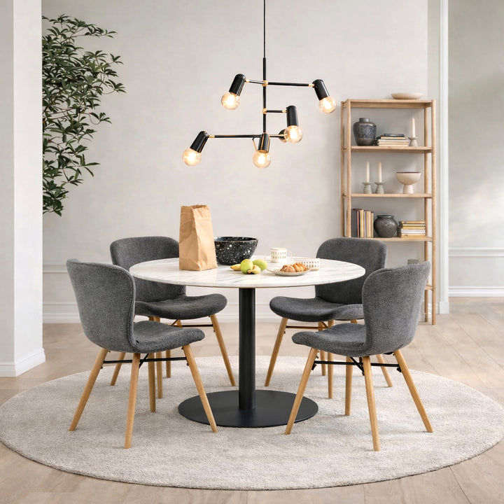 Corby Round Dining Table with White Polished Marble Top &amp; Black Base includes 4 Batilda Dining Chairs in Grey/Oak