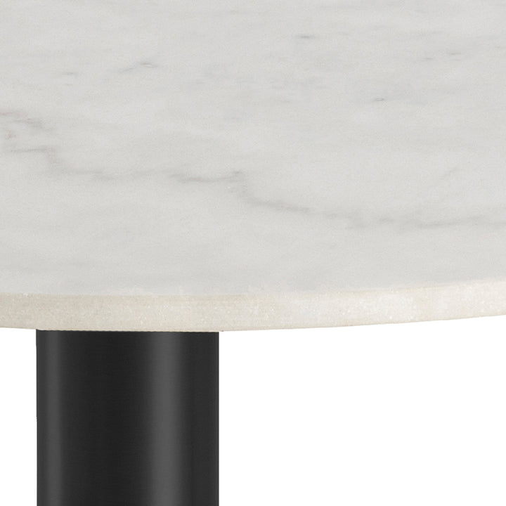 Corby Round Dining Table with White Polished Marble Top &amp; Black Base includes 4 Batilda Dining Chairs in Grey/Oak