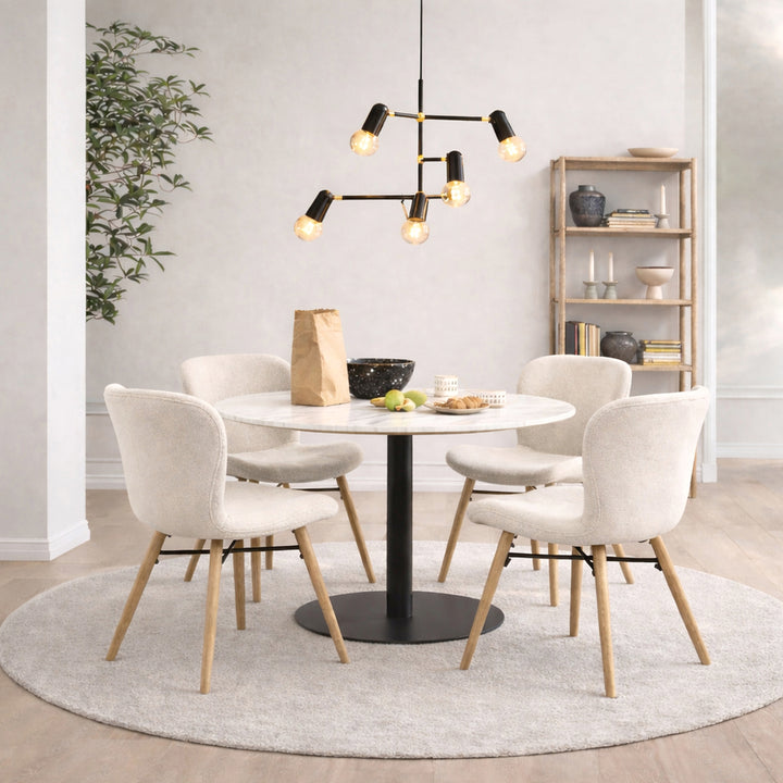 Corby Round Dining Table with White Polished Marble Top &amp; Black Base includes 4 Batilda Dining Chairs in Cream/Oak